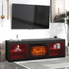 A modern living room setup featuring a large TV mounted above a black TV stand with a built-in electric fireplace and red illuminated shelves. Voir les images du produit