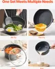 A collage of four images showing different cooking methods with cookware: stir-frying, pan-frying, stewing, and boiling. Anteprima dell’immagine prodotto
