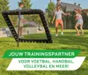 Three children are playing soccer in a backyard with a rebounder net. Produktbild-Vorschau