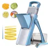 A blue and silver mandoline slicer is shown on a white background, with small inset images of sliced fruits and vegetables. Voir les images du produit