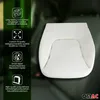 A white foam seat cushion is shown on a dark, blurred background, with marketing text and icons on the left side. Produktbild-Vorschau