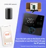A collage of images showcasing a smart thermostat, a mobile app interface, and a Wi-Fi network device. Produktbild-Vorschau