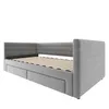A light gray upholstered daybed with two drawers underneath, shown from a side-diagonal angle against a white background. Produktbild-Vorschau