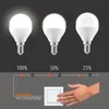 Three LED light bulbs are shown at different brightness levels, with a diagram illustrating how a light switch can be used to dim them. Náhled obrázku produktu