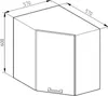 A line drawing of a corner cabinet with dimensions indicated. Náhled obrázku produktu