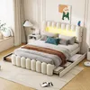A modern bedroom with a large bed featuring LED lighting, storage drawers, and a bedside table. Produktbild-Vorschau