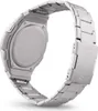The back of a silver Casio watch with a metal band, shown from an angled perspective. Produktbild-Vorschau