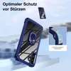 A blue and transparent phone case with a ring holder is shown in a dynamic, floating pose against a blurred background of abstract shapes and sky. Produktbild-Vorschau