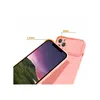 A pink iPhone case with a sliding camera cover is shown at an angle, with measurements indicated. Produktbild-Vorschau