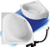 A collage of two white bathtubs and a drain assembly, set against a blue background. Produktbild-Vorschau