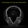 A pair of black over-ear headphones with a silver headband is shown against a dark, blurred background with concentric circles suggesting sound or motion. Produktbild-Vorschau