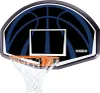 A basketball hoop with a black backboard featuring blue lines resembling a basketball, and a white rim with a white net. Produktbild-Vorschau