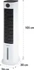 A white tower fan with a black top and control panel, showing dimensions. Produktbild-Vorschau