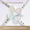 Four white hair dryers are arranged in a cross shape against a light purple and white background. Each hair dryer has a colored ring around the nozzle: yellow, red, green, and blue. Text overlays describe features. Anteprima dell’immagine prodotto