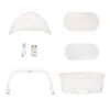 A flat lay of various components of a baby bassinet, including the bassinet itself, a mosquito net, a charging cable, a remote control, and mattress pads. Anteprima dell’immagine prodotto