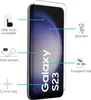 A screen protector for a Samsung Galaxy S23 phone, with feature callouts. Produktbild-Vorschau