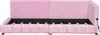 A pink upholstered bed frame shown from the front, without a mattress. Náhled obrázku produktu