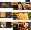 Collage showing the three functions of a 3-in-1 sandwich maker: contact grill, sandwich maker, and waffle iron, with accompanying food items. Produktbild-Vorschau