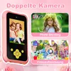 A collage of images showcasing a pink toy smartphone for children, with examples of its camera features and video recording capabilities. Produktbild-Vorschau