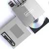 A silver DVD drive with a USB Type-C/USB 3.0 2-in-1 hub, shown with a USB cable and an SD card. Produktbild-Vorschau