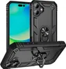 A black protective phone case with a ring holder is shown from multiple angles, with a smartphone screen visible in the background. Produktbild-Vorschau