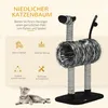 A cat tree with a zebra pattern, featuring icons and text describing its features, with a cat lying in the foreground. Produktbild-Vorschau