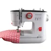 A white sewing machine with a pink polka dot fabric being sewn. Produktbild-Vorschau