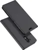 A black flip case for a smartphone is shown from a diagonal angle, with the phone inserted into the case. Produktbild-Vorschau