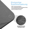 A close-up view of a dark gray stone mat with a magnified section showing its porous surface, accompanied by text highlighting its features. Produktbild-Vorschau