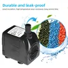 A small black water pump is shown with a circular graphic displaying colorful plastic pellets, and text describing its features. Náhled obrázku produktu