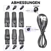 A collage of various adapters and a USB cable, with measurement diagrams. Produktbild-Vorschau