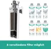A cutaway view of a water filter system and several filter cartridges are displayed against a white background. Text below indicates different filter options. Produktbild-Vorschau