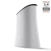 A white air purifier is shown from a low angle against a white background. A small square badge with the Sharp logo is visible on the side of the product. A promotional badge with a rating is in the top right corner. Podgląd zdjęcia produktu