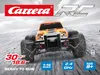 An orange remote-controlled monster truck driving on a grey, textured surface. Voir les images du produit