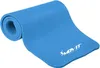 A blue yoga mat is rolled up on one end and unrolled on the other, showing the brand logo. Podgląd zdjęcia produktu
