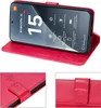 A red flip cover wallet case for a Xiaomi 15 phone, shown open with the phone inside, and close-up views of the case details. Produktbild-Vorschau