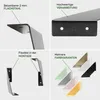 A collage of four images showcasing different aspects of metal shelf brackets, including material, craftsmanship, mounting flexibility, and color options. Produktbild-Vorschau