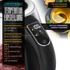 Close-up of a black electric kettle with a digital display showing temperature settings and features, alongside a cup of tea. Produktbild-Vorschau