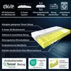 A diagram showcasing the layers and features of a mattress, with promotional text and icons. The background is a dark, starry sky. Produktbild-Vorschau