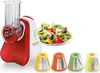 A red and white Moulinex food processor with multiple attachments, a salad, and the attachments are displayed separately. Náhled obrázku produktu