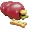 A red Kong dog toy filled with dog treats, with one treat in front of the toy. Produktbild-Vorschau