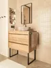 A modern bathroom vanity with a stone sink and wooden drawers, featuring a mirror and shelves with toiletries. Produktbild-Vorschau