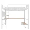 A white metal loft bed with a desk and shelves, shown against a white background. Voir les images du produit