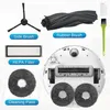 A collage of robot vacuum cleaner accessories, including brushes, filters, and cleaning pads, arranged around the underside of a robot vacuum. Produktbild-Vorschau