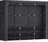 A black fabric wardrobe with multiple shelves and hanging rods. Náhled obrázku produktu