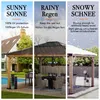 A collage of three images showing a gazebo in different weather conditions: sunny, rainy, and snowy. Produktbild-Vorschau