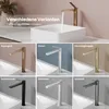 A collage showcasing different color variants of a modern bathroom faucet, with a main image of the faucet in action over a sink. Produktbild-Vorschau