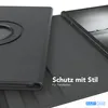 A tablet case is shown open, with a tablet inside. Text overlays describe the product. Produktbild-Vorschau
