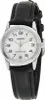 A close-up studio shot of a silver and white Casio women's watch with a black leather strap. Anteprima dell’immagine prodotto