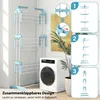 A blue and silver three-tiered drying rack is shown next to a white washing machine, with inset images demonstrating its features and assembly. Voir les images du produit